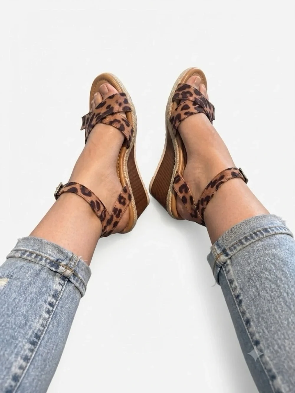 Kelly & Katie Leopard Print Ankle Strap Wedges - Tan/Brown